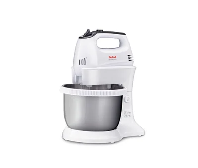 Tefal HT312138, Quick mix Hand Mixer with bowl, 300 W, 5 Speeds + turbo, 2 Beaters, 2 Dough hooks, automatic rotating bowl, white & inox standbowl