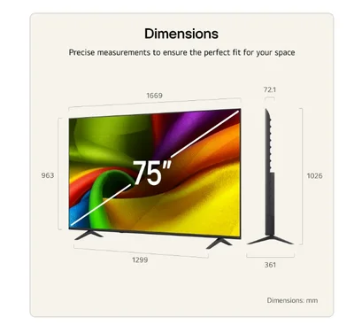 LG 75NU850B3LA, 75" 4K Ultra HD Smart TV, 3840x2160, DVB-T2/C/S2, Alpha 7 AI Processor, HDR10 / HLG, webOS 26 ThinQ, VRR / ALLM / HGiG, 4K Super Upscaling, WiFi 5, Voice Controll, Bluetooth 5.3, AirPlay 2, LAN, CI, HDMI eARC,AI Sound Pro, Google Cast,