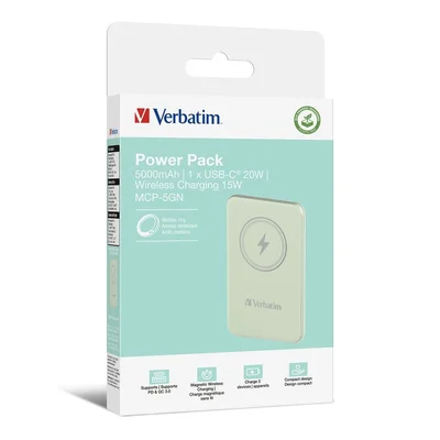 Външна батерия Verbatim MCP-5GN 5000 mAh, USB-C PD 20W, магнитно безжично зареждане 15W, зелена