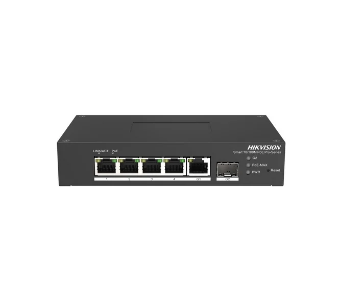 HikVision 6 Port Fast Ethernet Smart Harsh POE Switch, 4x 10/100 Mbps PoE port, 1x Gigabit RJ45 port, 1x Gigabit fiber optical port, Power Budget 60W, Up to 300 m Long Range PoE Transmission, -30 °C to 65 °C wide temperature range
