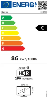 Hisense 85" UR8S, 4K Ultra HD 3840x2160, RGB Mini Led , DLED, Quantum Dot, 180Hz, IPS, HDR 10+, HLG, Dolby Vision IQ, Dolby Atmos, Smart TV,Light Sensor,WiFi 6eGHz, WiFi Direct, BT,2x10 W + 20 W + 2x5 W, Anyview Cast, 4xHDMI, 2xUSB, LAN, CI+, DVB-T2/C/S2