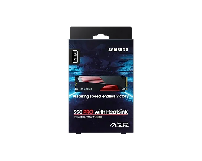 Samsung SSD 990 PRO 1TB Heatsink PCIe 4.0 NVMe 2.0 M.2 V-NAND 3-bit MLC, 256-bit Encryption, Read 7450 MB/s Write 6900 MB/s