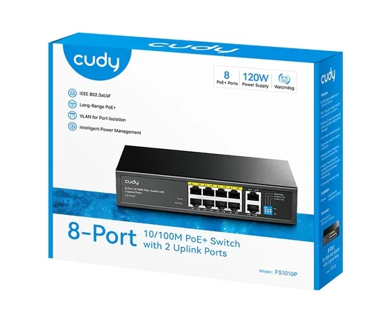 Cudy FS1010P 8-Port 10/100M PoE+ Switch with 2 Uplink Ports 120W 8-Port 10/100M PSE RJ-45 +2 RJ45 10/100M Uplink Port Unmanaged PoE+ Switch, Steel Case, 120W Internal Power Supply