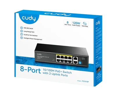 Cudy FS1010P 8-Port 10/100M PoE+ Switch with 2 Uplink Ports 120W 8-Port 10/100M PSE RJ-45 +2 RJ45 10/100M Uplink Port Unmanaged PoE+ Switch, Steel Case, 120W Internal Power Supply