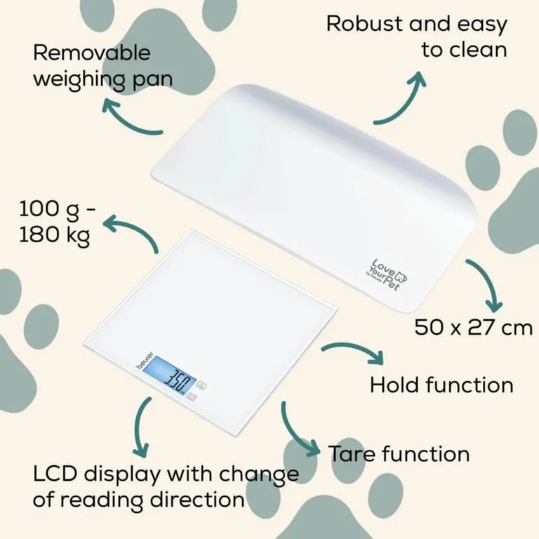 Beurer PP 170 Polly Multifunctional pet scale;Detailed graduation (10 g to 5 kg, 50 g to 50 kg, 100 g to 180 kg);Easy-to-read LCD display