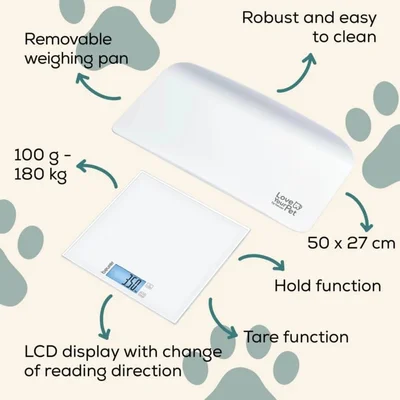 Beurer PP 170 Polly Multifunctional pet scale;Detailed graduation (10 g to 5 kg, 50 g to 50 kg, 100 g to 180 kg);Easy-to-read LCD display