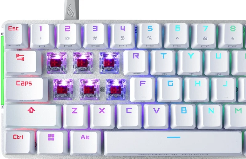 Asus ROG Falchion Ace 65% compact gaming keyboard with pre-lubed ROG NX mechanical switches with ROG switch stabilizer, sound-dampening foam, interactive touch panel, dual Type-C ports, three keyboard tilt angles, and cover case, US layout, White