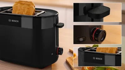 Bosch TAT2M123, MyMoment Compact toaster, 950 W, Auto power off, Defrost and reheat setting, Integrated warming grid, High lift, Black