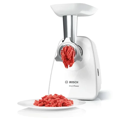 Bosch MFW2517W, Meat mincer, SmartPower Meat mincer from SmartPower range: 1500W, 1,7 kg/min, 2 sieves, 1 sausage horn, fruit press attachment, shredder with 3 barrels, no reverse, white