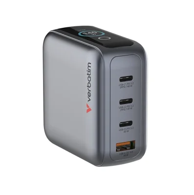 Зарядно Verbatim Mini GaN 140W с дисплей + USB-C към USB-C кабел 140W, сив