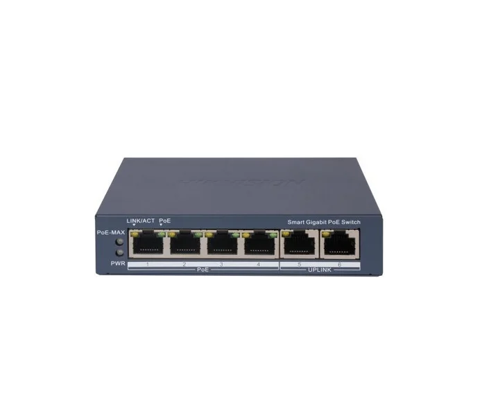 HikVision 4 Port Gigabit Smart POE Switch, 4 x Gigabit PoE port, 2 x Gigabit RJ45 port, Total PoE Power Budget 60W, Up to 300 m Long Range PoE Transmission, 6 KV Surge Protection