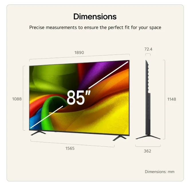 LG 85NU850B3LA, 85" 4K Ultra HD Smart TV, 3840x2160, DVB-T2/C/S2, Alpha 7 AI Processor, HDR10 / HLG, webOS 26 ThinQ, VRR / ALLM / HGiG, 4K Super Upscaling, WiFi 5, Voice Controll, Bluetooth 5.3, AirPlay 2, LAN, CI, HDMI eARC,AI Sound Pro, Google Cast, 2