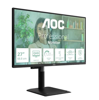 AOC Q27P4U, 27" IPS WLED, 2560x1440@120Hz, 4ms GtG, 350cd m2, 1500:1, DCR 50M:1, Adaptive Sync, FlickerFree, Anti Blue Light, 2Wx2, Tilt, Height Adjust, Pivot, Swivel, 2xHDMI, DP, USB hub