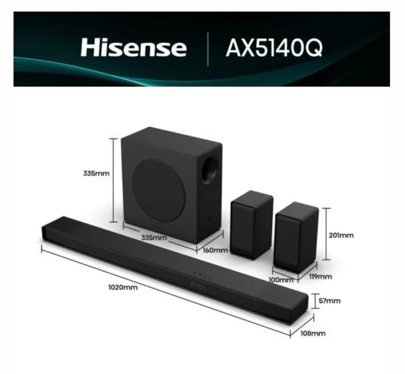 Hisense AX5140Q,  5.1.4Ch Sound Bar with Wireless Subwoofer, 600W, Dolby Atmos, Bluetooth 5.3, 4K HDMI Pass Through, DTS:X, HDMI/AUX/ARC/Optical/USB, 7 EQ Modes, Black
