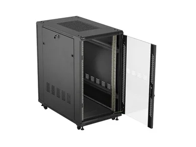 Комуникационен шкаф Lanberg – 22U/600x1000, свободностоящ, стъклена врата, черен