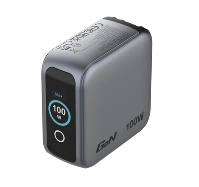 Зарядно устройство Verbatim Mini GaN 100W с дисплей и USB-C към USB-C кабел 100W, сиво