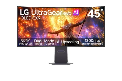 LG 45GX950B-B, 44.5" UltraGear evo OLED, MLA+,0.03 ms, QHD 5K2K (5120x1440), Dual-Mode (5K2K 165Hz ? QHD 330Hz),275 cd/m2,1500000:1,NVIDIA G-Sync,AMD FreeSYnc,USB Type-C,PD 90W,HDR 400,HDMI, DP, 2x7W,PIP,PBP,Tilt,Height,Swivel, Black