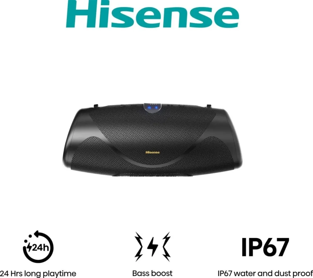 Hisense, WeBoom, Party speaker 2.0 Ch., 140W, BT, 20h play,IP67 Water and Dust Proof,Ambient Light,Dual-way Strap,Built-in Powerbank,Black
