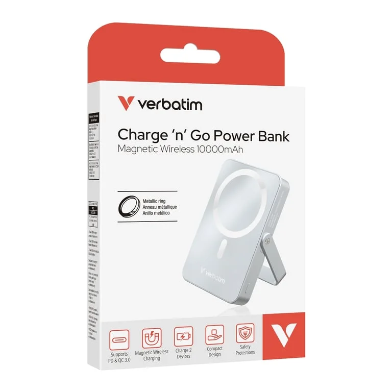 Външна батерия Verbatim Charge 'n' Go със стойка, магнитно безжично зареждане, 10000mAh, синя