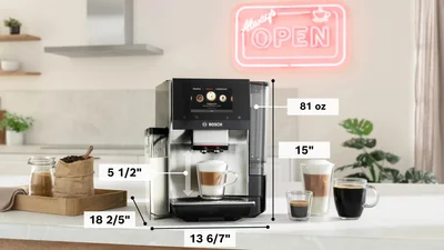 Bosch TQE80703, SER8, Fully automatic coffee machine VeroBar 19 bar, TFT display 5", HC, Up to 36 bev.(incl. HC), Inox front, Cup warmer, Aroma Select, ColdBrew, CeramDrive