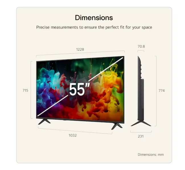 LG 55QNED71B3B., 55" 4K QNED MiniLED Smart TV, 3840x2160, DVB-T2/C/S2, Alpha 7 AI Processor, HDR10 / HLG, webOS 26 ThinQ, VRR / ALLM / HGiG, 4K Super Upscaling, WiFi 5, Bluetooth 5.3, AirPlay 2, LAN, CI, HDMI, AI Sound Pro, Google Cast, 2 pole Stand