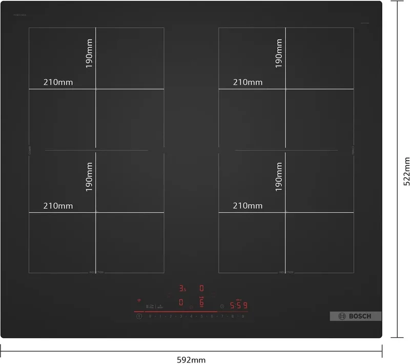 Bosch PVQ61CHB1E, SER8, Induction electric cooktop, 4 zones (2 CombiZones), DirectSelect, MoveMode (2 levels), PanBoost, frameless, 7,4 kW, HC, 60cm, Matt Black
