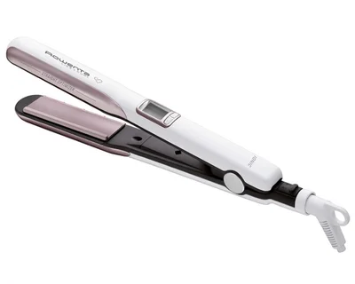 Преса за коса Rowenta SF7660F0 Liss & Curls Premium Care, керамично-кешмирено кератиново покритие, йонизираща функция, LCD дисплей, 2 температурни настройки, бързо загряване, автоматично изключване, заключваща система, плаващи плочи, бял