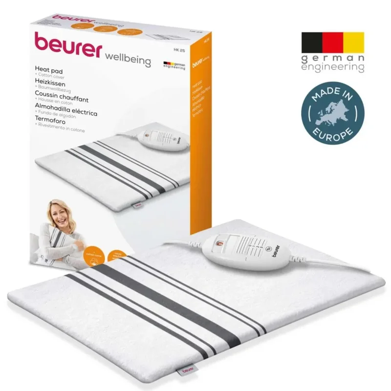 Beurer HK 26 Heat Pad; 3 Illuminated temperature settings; Auto switch-off after 90 min;Cotton cover washable on 40°; BSS;40(L)x30(W) cm; white-grey