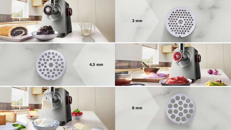 Bosch MFWS835M, SER8, Meat mincer, Blocking power: 2500W, 4,5 kg/min, 10-year motor, dishwasher safe, tomato press, kebbe att., sausage att., silver black