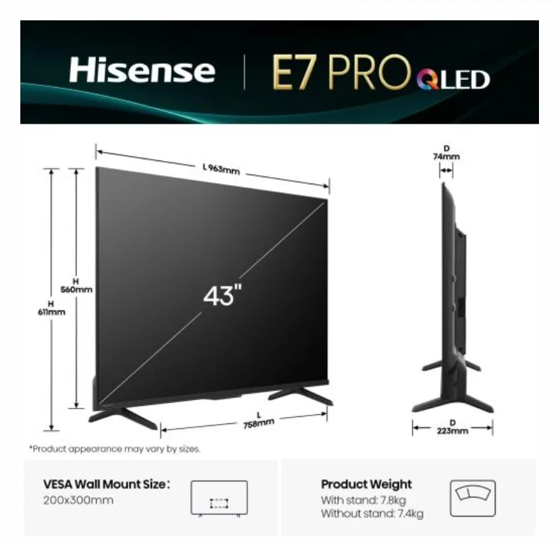 Hisense 43" E7Q Pro, 4K Ultra HD 3840x2160, QLED, Quantum Dot, 144Hz, HDR 10+ adaptive, HLG, Dolby Vision, DTS Virtual X, Smart TV, WiFi 5GHz, WiFi Direct, BT, Anyview Cast, 3xHDMI, 2xUSB, LAN, CI+, DVB-T2/C/S2, Black