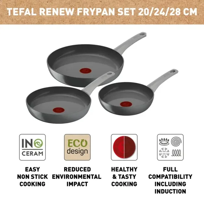 Комплект тигани Tefal C4279132 Renew On Hippo Iron с керамично покритие, 3 броя