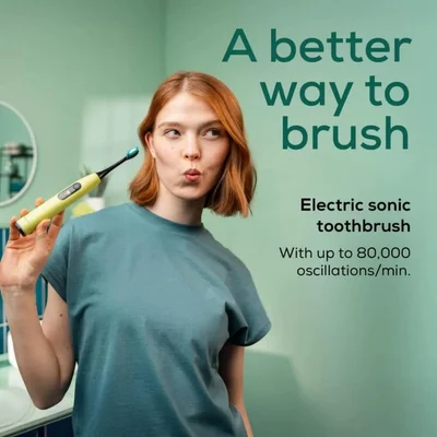 Beurer SC 50 splashy lemon Electric Sonic Toothbrush, up to 80,000 mov/min, 5 cleaning programs: Clean, Sensitive, Polish, Gum Care, Whiten, Pressure sensor , 2-min. timer, Incl. 2 toothbrush heads and magnetic charging plate, 22 days of battery life