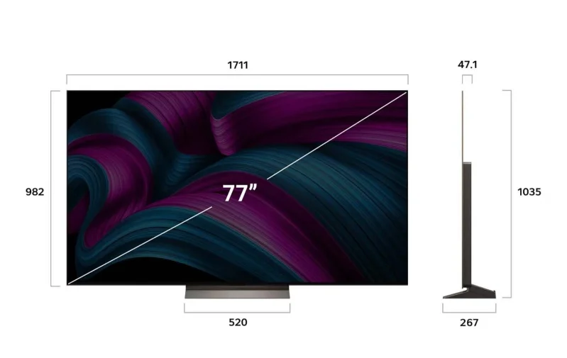 LG OLED77C51LA, 77" UHD OLED evo, 4K (3840 x 2160), DVB-C/T2/S2, Full Cinema Screnn, Alpha 9 AI 4K Gen8, 120Hz Native (VRR 144Hz), ThinQ AI, HDR10, VRR, NVIDIA G-SYNC, AMD FreeSync, Dolby Vision, Dolby Atmos, Wi-Fi 6, Bluetooth, HDMI, USB, Airplay 2, IC