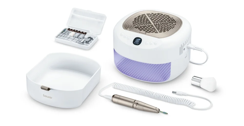 Beurer MP 200 Manicure/pedicure station - 3 functions in one device: Nail cutter, UV/LED lamp and nail dust extractor; up to 26,000 rpm; 9 high-quality attachments; For artificial nail modelling