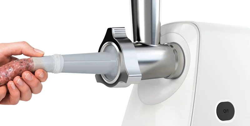 Bosch MFW2517W, Meat mincer, SmartPower Meat mincer from SmartPower range: 1500W, 1,7 kg/min, 2 sieves, 1 sausage horn, fruit press attachment, shredder with 3 barrels, no reverse, white