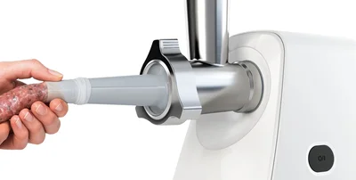 Bosch MFW2517W, Meat mincer, SmartPower Meat mincer from SmartPower range: 1500W, 1,7 kg/min, 2 sieves, 1 sausage horn, fruit press attachment, shredder with 3 barrels, no reverse, white