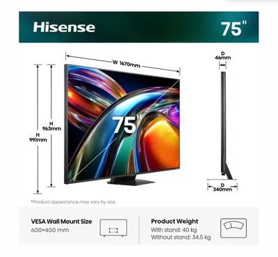 Hisense 75" UR9S, 4K Ultra HD 3840x2160, RGB Mini Led , DLED, Quantum Dot, 180Hz, IPS, HDR 10+, HLG, Dolby Vision IQ, Dolby Atmos, Smart TV,Light Sensor,WiFi 6eGHz, WiFi Direct, BT,2x15 W + 2x10 W + 20 W + 2x10W, Anyview Cast, 3xHDMI, 2xUSB, LAN, CI+