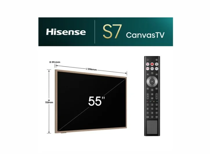 Hisense CanvasTV, 55",QLED 4K Ultra HD 3840x2160, 144hz, 4000:1, 400 nits, 16:9,VIDAA Smart OS,DTS Virtual X,HDR,HDR 10+,Dolby vision IQ, 4 xHDMI,DVB-T2/T/C/S2/S, Black