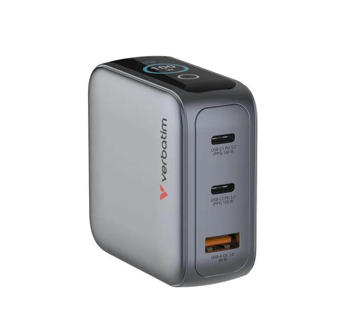 Зарядно устройство Verbatim Mini GaN 100W с дисплей и USB-C към USB-C кабел 100W, сиво