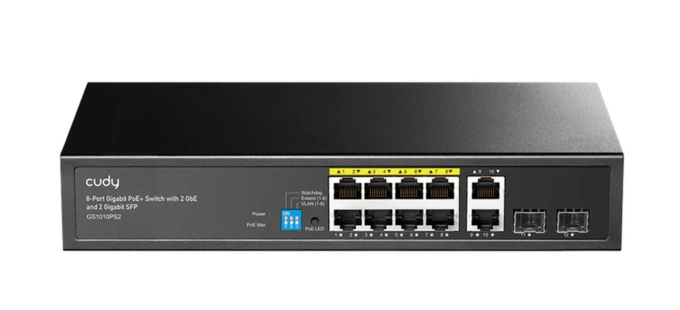 Cudy GS1010PS2 8-Port Gigabit PoE+ Switch with 2 Gigabit Uplink ports and 2 Gigabit SFP slot 120W 8-10/100/1000 BASE-T Gigabit ports, 2-Port 10/100/1000 BASE-T Gigabit Uplink ports, 2-1000 BASE-X SFP Slot, 120W Internal Power Supply