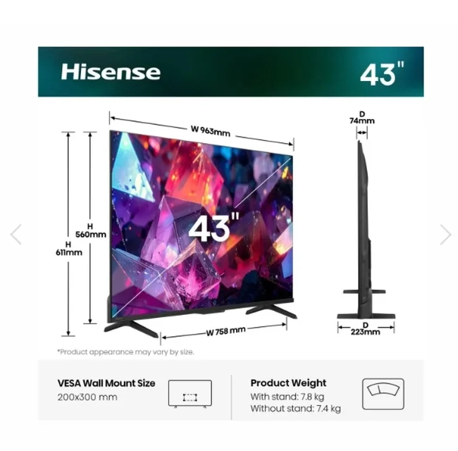 Hisense 43" E7S Pro, 4K Ultra HD 3840x2160, QLED, Quantum Dot, 144Hz, HDR 10+ adaptive, HLG, Dolby Vision, DTS Virtual X, Smart TV, WiFi 5GHz, WiFi Direct, BT, Anyview Cast, 3xHDMI, 2xUSB, LAN, CI+, DVB-T2/C/S2, Black