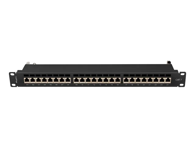 Пач панел Lanberg 24 порта 1U 19" Cat. 7 FTP с кабелен органайзер, екраниран, черен