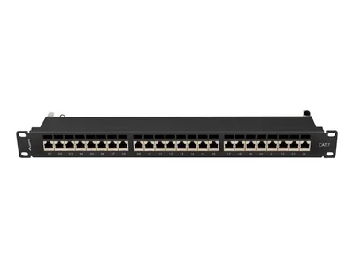 Пач панел Lanberg 24 порта 1U 19" Cat. 7 FTP с кабелен органайзер, екраниран, черен