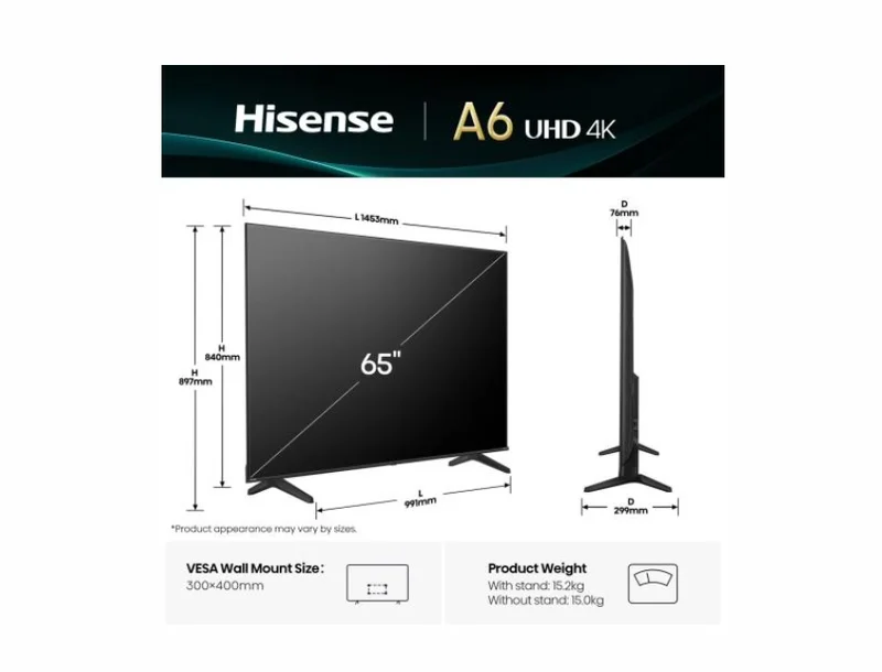 Hisense 65" A6Q, 4K Ultra HD 3840x2160, DLED, DFA, Precision Colour, HDR 10+, HLG, Dolby Vision, DTS Virtual X, Smart TV, WiFi, BT, Light Sensor, Gaming Mode, 1xHDMI2 eArc, 3xHDMI, 2xUSB, LAN, CI+, DVB-T2/C/S2, Black
