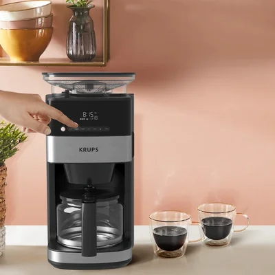 Krups KM832810 Grind & Brew, metalic grinder, 3 grinding settings, digital display, timer, 1.25L