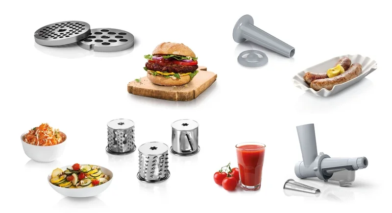 Bosch MFW2517W, Meat mincer, SmartPower Meat mincer from SmartPower range: 1500W, 1,7 kg/min, 2 sieves, 1 sausage horn, fruit press attachment, shredder with 3 barrels, no reverse, white