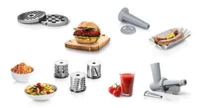 Bosch MFW2517W, Meat mincer, SmartPower Meat mincer from SmartPower range: 1500W, 1,7 kg/min, 2 sieves, 1 sausage horn, fruit press attachment, shredder with 3 barrels, no reverse, white
