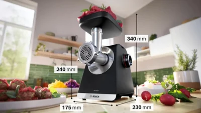 Bosch MFWS660B, SER6, Meat mincer - MultiPower 2100 W, Planetary gearbox, 3,5 kg/min, kebbe attachment, sausage attachment, fruit press attachment, shredding attachment, reverse function, Black