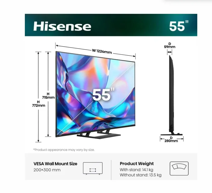 Hisense 55"A7S, 4K Ultra HD 3840x2160, Quantum Dot, Light Sensor,HDR 10+, HLG, Dolby Vision, Dolby Atmos, Smart TV, Voice Control,2x10 W + 20 W ,WiFi 5GHz, WiFi Direct, BT, Anyview Cast, 3xHDMI, 2xUSB, LAN, DVB-T2/C/S2, Black