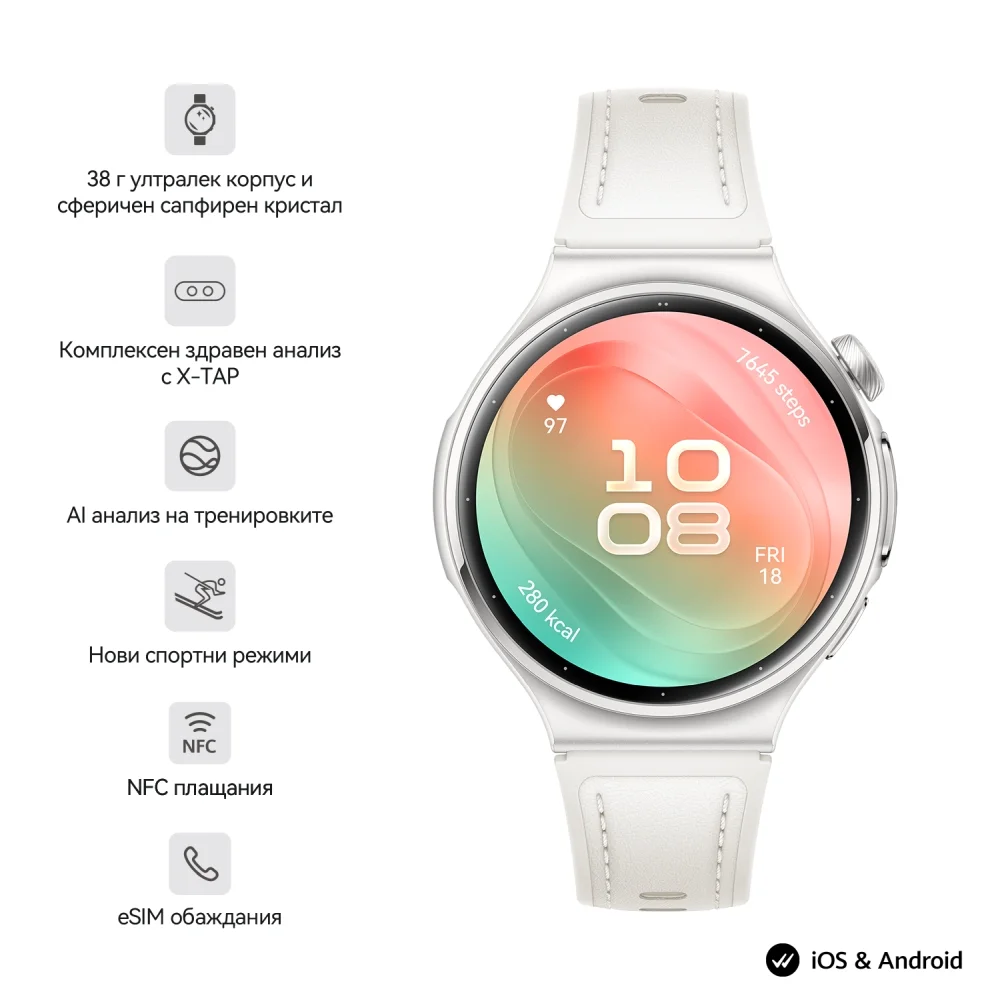 Смарт часовник HUAWEI – Watch 6 Leib-L19L, 1.38" LTPO OLED, 2GB RAM, 64GB, LTE, бял с каишка, комплект с FreeBuds 7i White